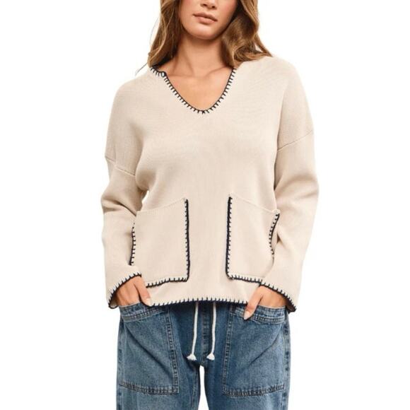 Christian Lacroix Tan Knit Sweater XS V-Neck Contrast Trim Pocket Detail Cozy - Picture 1 of 6